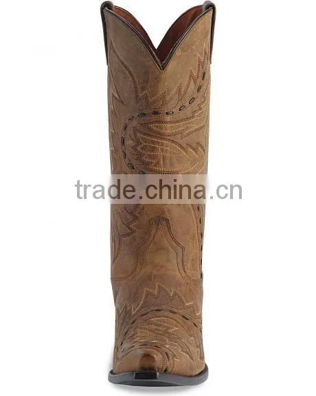 Distressed Bay Apache Leather Detailed With Black Leather Stitching Western Cowboy Boots Wholesale photo-5