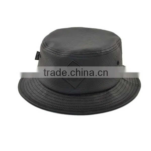 Short Brim Designer Wholesale Black Leather Blank Bucket Hat photo-3