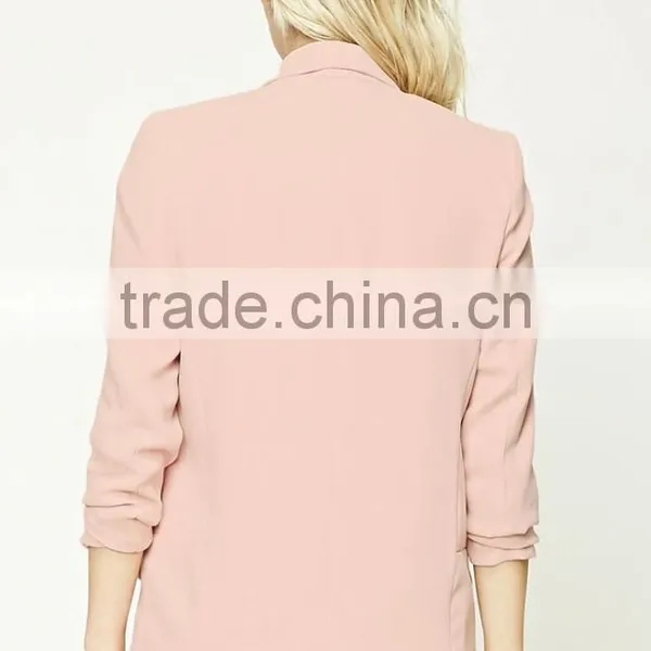 Women Formal Blazer Modern Fashion Textured Knit Open Front Long Ruched Sleeves LONGLINE Latest Blazer Design For Mature Ladies photo-4