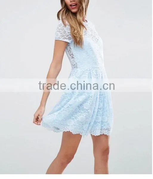 Guangzhou Clothing OEM Blue Pleated Skirt Lace Mini T-Shirt Dress