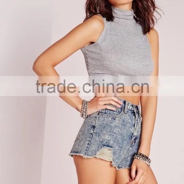 Women Ripped Hem High Waisted Denim Shorts Wholesale photo-3