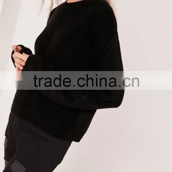 Custom Label Women Plain Black Knitwear With Drop Shoulder Loose Sweater Turn Back Cuff Cropped Jumper Black photo-2