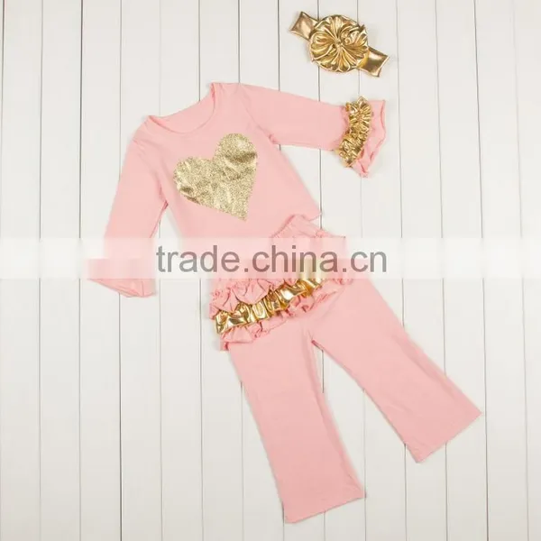 New Design Gold Glitter Children Clothing Sets Easter Chirstmas Suit Cotton Girls Ruffle Pants Outfits photo-2