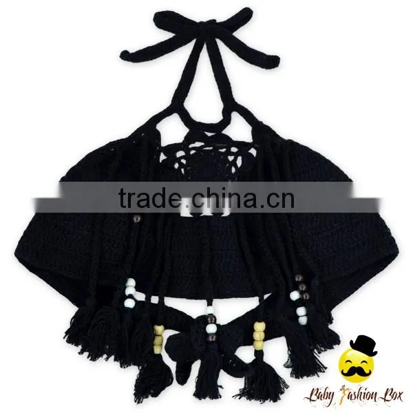 Fancy Black Plain Knitting Halter Decorative Tassel Kids Holiday Swimwear Yong Girl Bikini Bra photo-2