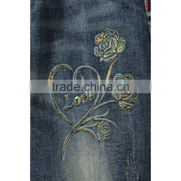 New Products Good Quality Elastic Waist Roll up Hem 3D Rose Printing Blue Wholesale Jeans Pants for Kids photo-5