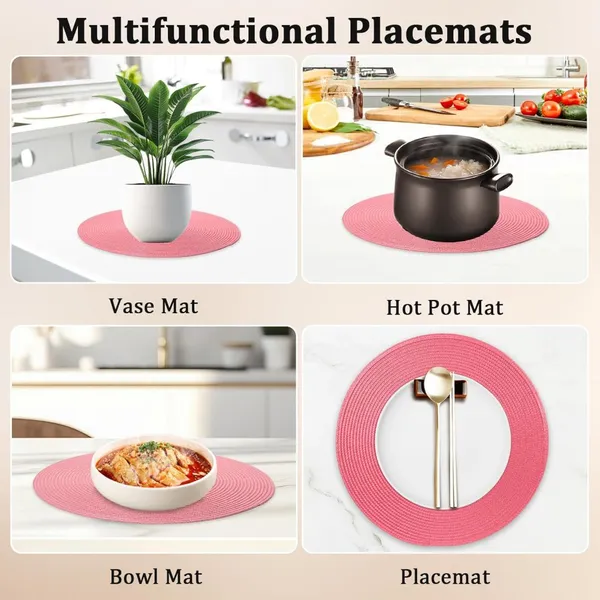 Round Pink Color Braided Placemats 15 Inch for Natural Woven Heat Resistant Place Mats Set of 6 photo-5