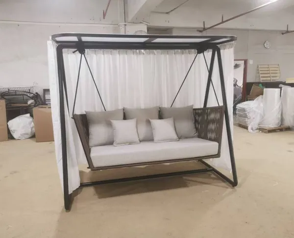 3-Seater Aluminum Outdoor Swing Chair With Canopy & Curtain, Weather Resistant PE Rattan Patio Swing Bench for Garden Villa Resort