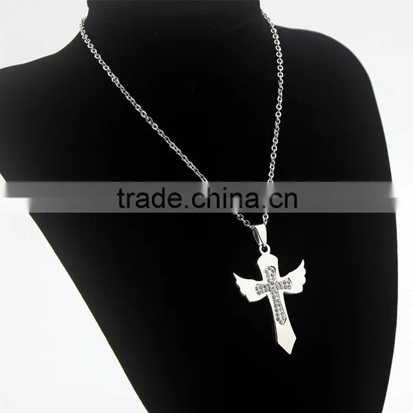 Diamond Cross Pendant Necklace Angel Wings Cross Charms Wholesale photo-2