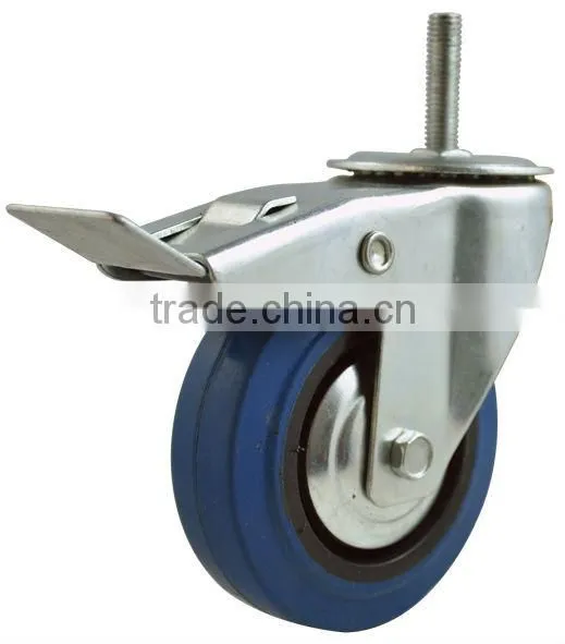 Blue Supper Elastic Rubber Caster, Swivel With Brake and Lock, Screw Type