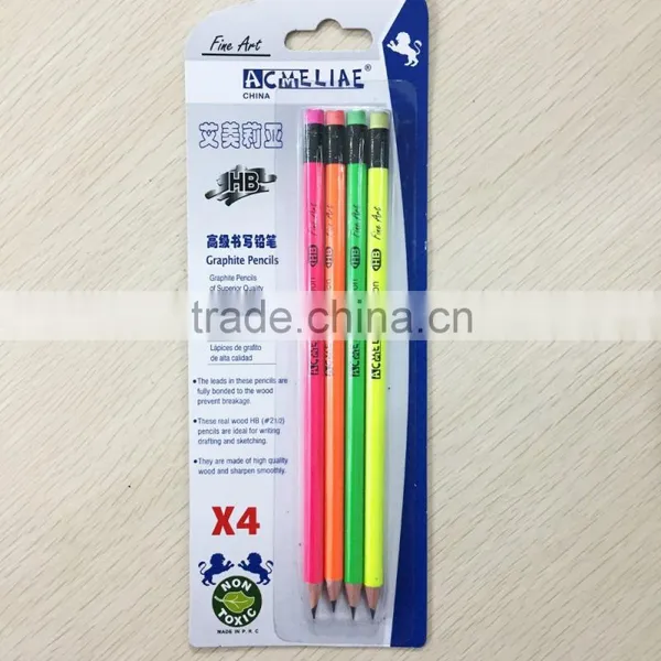 Standard Size Round Shape Soft Wood Neon Color Body Blister Card HB Pencil With Neon Eraser