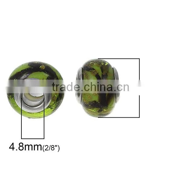 Lampwork Glass European Style Large Hole Beads Round Grass Green & Black Pattern With 304 Stainless Steel Silver Tone Core photo-2