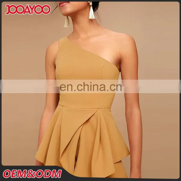 Fashion Tan One Shoulder Layered Ruffled Midi Dress Elegant Woman Dress photo-5