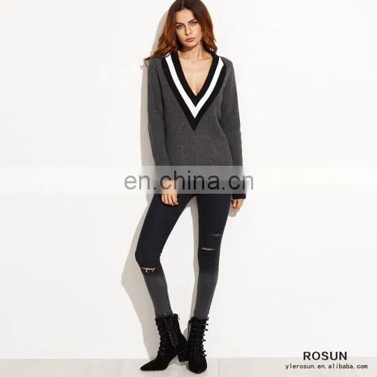 Grey Striped Trim Deep V Neck Knitted Sweater photo-4