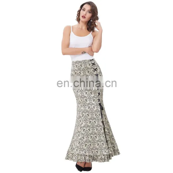 Belle Poque Women Vintage Retro Victorian Style Ruffled Jacquard Fishtail Mermaid Light Green Long Maxi Skirt BP000204-3 photo-3