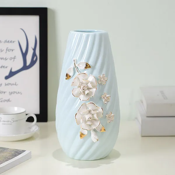 Modern Simple Fashion Elegant Hand Made Gild Blue Ceramic Vase For Living Room Decor photo-3