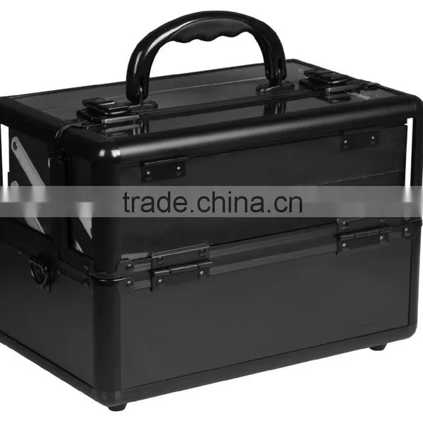 Makeup Train Case Clear Acryic Top, Travel Cosmetic Box With 2 Trays, Mirror &Shoulder Strap,Aluminum Acrylic Beauty Vanity Case photo-2