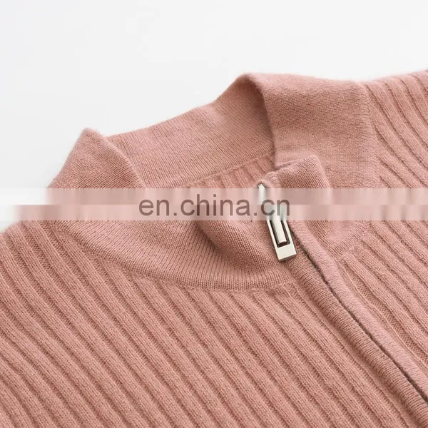 Autumn Winter Slim Fit Rib Cashmere Sweater Full Zipper Knitted Cardigan With Stand Collar Solid Pattern photo-4