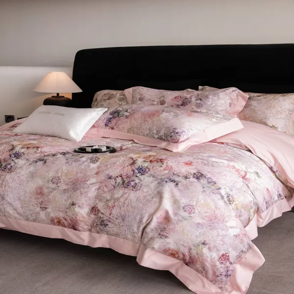 Solid Beige Woven Egyptian Cotton 4‑Pcs Bedding Set, All‑Season Breathable Soft Duvet Cover Sheet Set photo-2