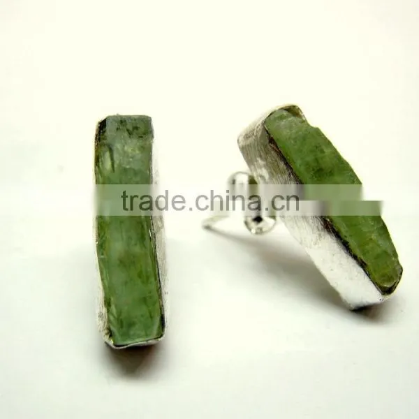 Green Kyanite Raw Gemstone Stud 925 Sterling Silver Earring Jewelry, Rough Gemstone Stud Earring, Designer Gemstone Jewelry photo-2