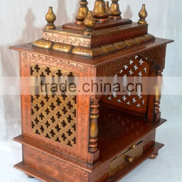 Hand Painted Copper Finish Mini Wooden Temple With 1 Drawer photo-3