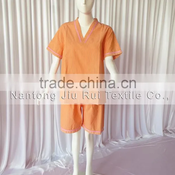 Orange/Green Solid Stripe Unisex Pajama Sets V-Neck Short Sleeve Sleepwear Summer/Autumn Couple Spa Shirt+Pants Pajama Sets photo-3