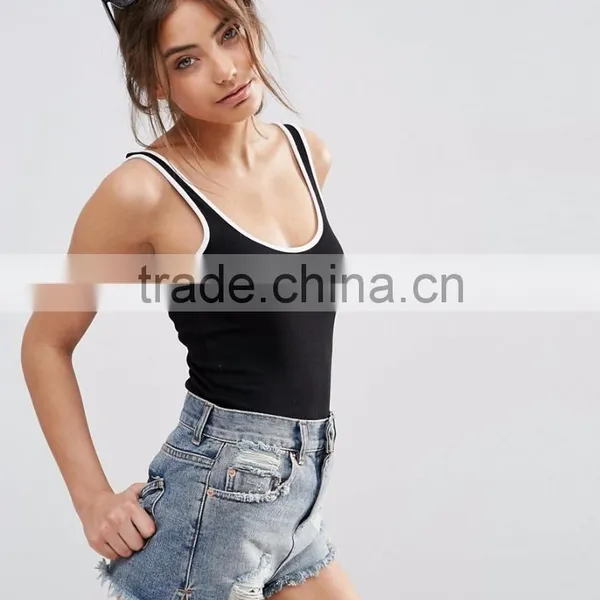 Women Plain Contrast Tipping Bodysuit Slim Knitted Basic Style Bodysuit With White Hem Eco-friendly High Quality photo-2