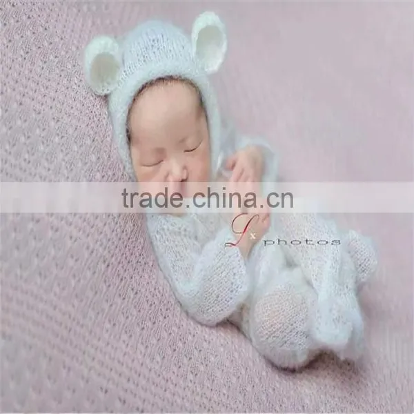 Mohair Baby Romper and Bonnet Sets Newborn Knit Pant Photography Props Baby Mohair Hooded Romper Luxury Overall Outfit Sitter photo-3