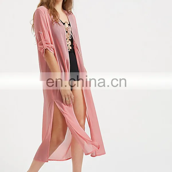 Tassel Tie Front Roll Sleeve Slit Beach Kimono photo-2