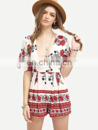 Japanese Girl, Lady Dress, Multicolor Print Half Sleeve Deep V Neck Jumpsuit photo-2