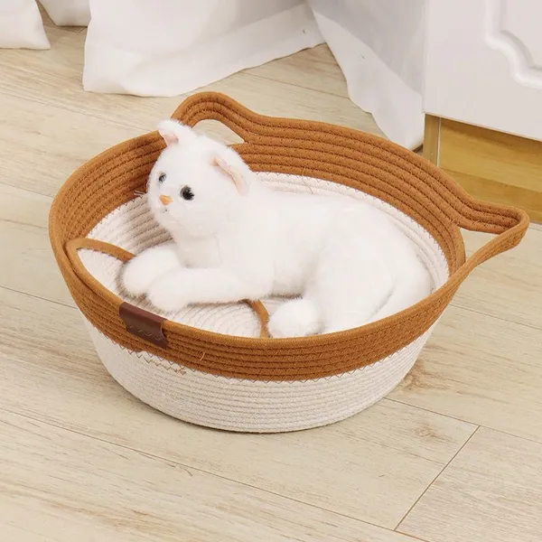 Круглый кошачий спальный гнездо из хлопчатобумажного шнура. Кошачий корзинный кровать с игрушкой-мячом. Дом для спального места домашнего животного