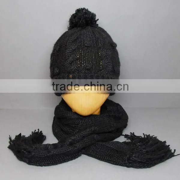 FASHION LOGO KNITTED SCARVES AND HAT SET/KNITTED WINTER SETS/KNITTED SCARF AND HAT WITH TOP BALL /POMPOM HAT/CABL DESIGN HAT