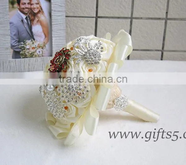 Amazing Wedding Bouquet With Rhinestones Beadings Pearls and Glaring Jewels Satin Ribbon Bow Knot photo-3