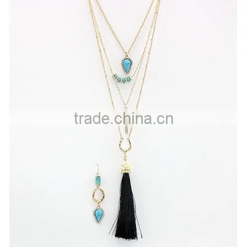 Layered Necklace Four Layered Turquoise Tassel Necklace Set photo-2