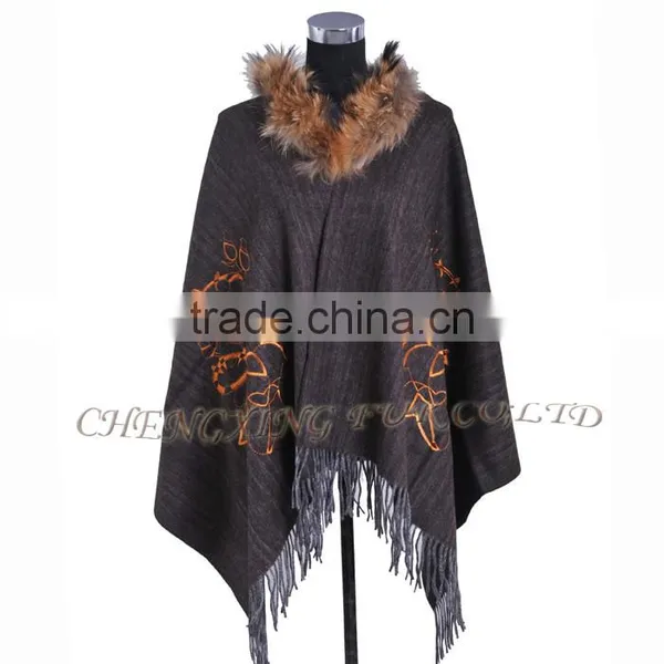 CX-B-P-44F Ladies Latest Design Genuine Raccoon Fur Collar Wool Cashmere Fringed Pashmina Shawl photo-4