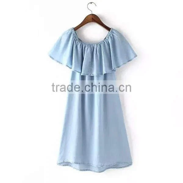 EY0565A 2015 New Style Women Falbala Pure Color Easy Cowboy Dress photo-2