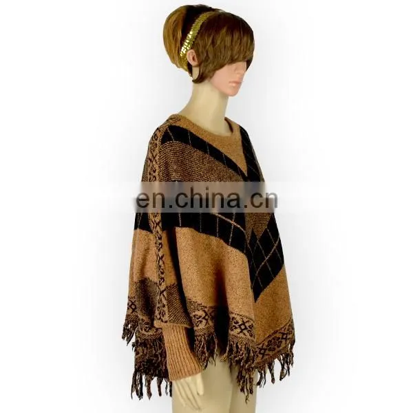Rhombus Tassels a Batwing-sleeved Blouse Crew Neck Sweater Loose Autumn Winter Coat photo-4