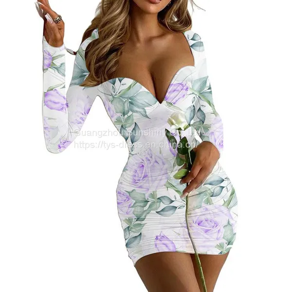 Fashion Lapel Solid Color Zipper High Waist Deep V Long Sleeve Dress photo-4