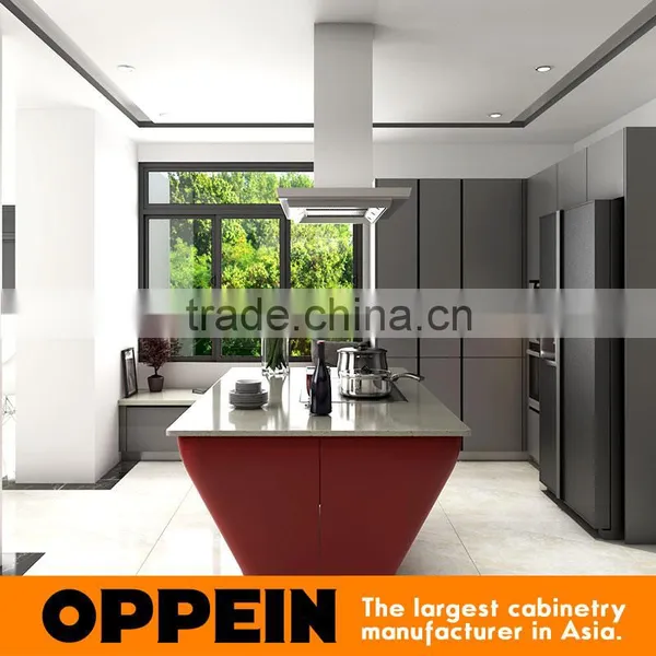 Red & Grey Tempered Glass Lacquer MDF Wooden Kitchen Cabinet With Island Design photo-2