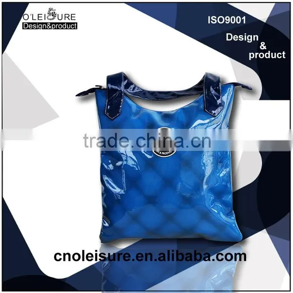 2015 China Wholesale Own Brand Blue Shining PU Leather Waterproof Shopping Bag With Rubber Logo