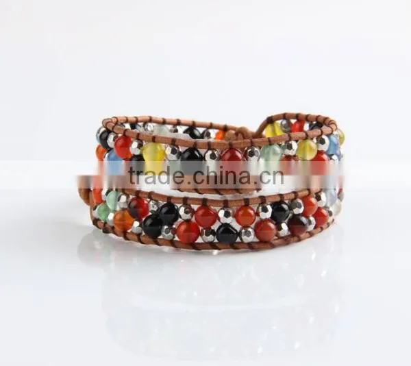 Pure Manual Discus Agate Bracelet Around Two Laps Leather Bracelet Grey Leather Bracelet photo-2