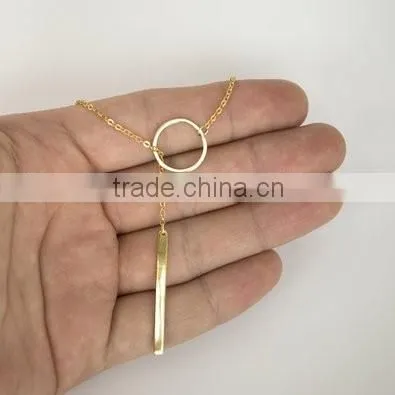 Yellow Gold Over Sterling Silver Open Circle and Dangling Bar Lariat Necklace photo-2