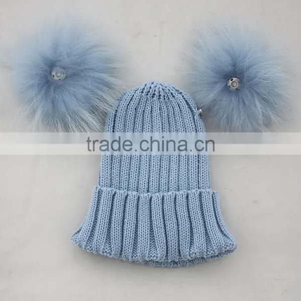 Myfur Baby Blue Wool Crochet Knitted Hats With Double Removable Raccoon Fur Balls photo-5