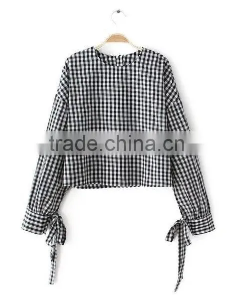Runwaylover EY2333B Europe Style 2017 Women Fashion Flare Sleeve Plaid Blouse photo-3