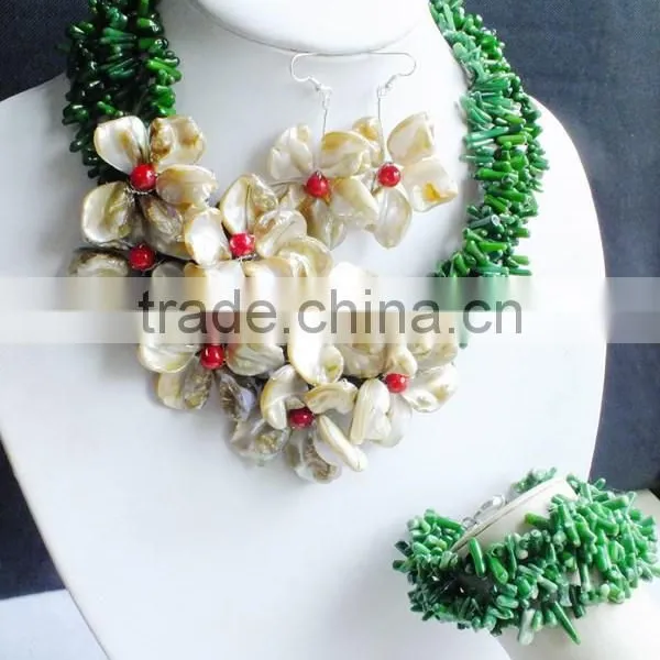 Free Shipping!!! Beauty Design for Bride With Green Coral and Shell Flower Necklace Earrings and Bracelet photo-3