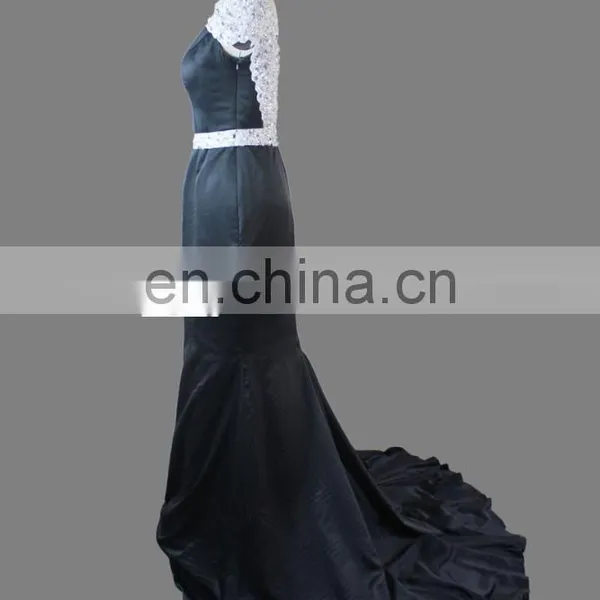 Elegant Cap Sleeve Beaded Court Train Black Long Evening Dress For Fat Women photo-4
