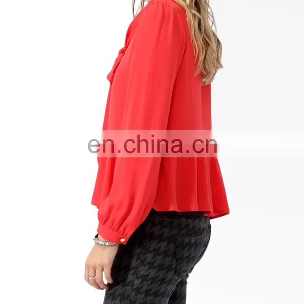 CHEFON Long Sleeve Tie Collar Relaxed Fit Peplum New Model Blouse for Women photo-2