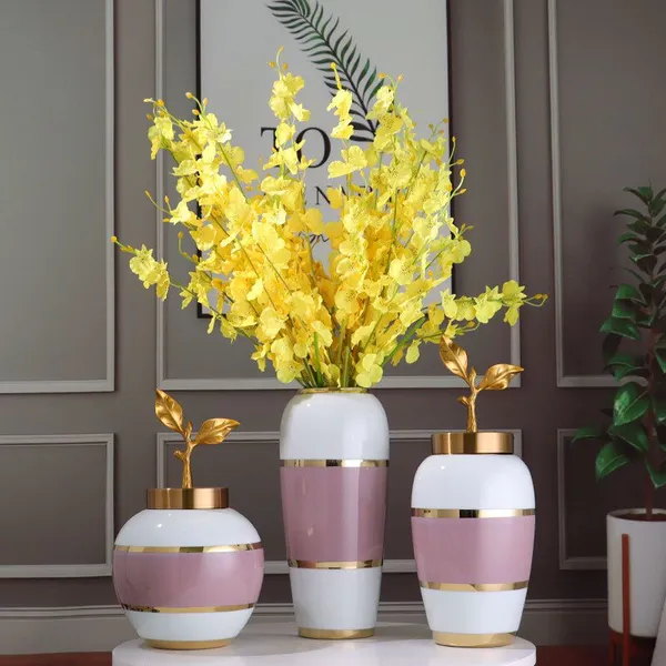 Modern Simple Fashion Gild Pink White Ceramic Flower Vase For Artificial Flower Decor photo-2