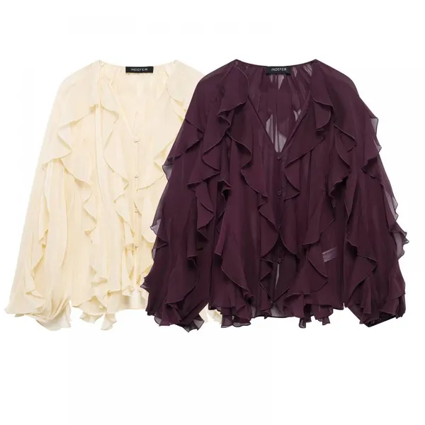 European and American Women's Clothing V-neck Layered Decorative Shirt Long Sleeves Women With Loose Clothes photo-2