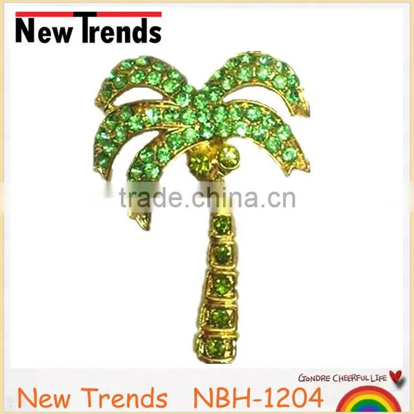 Gold Alloy Palm Tree Brooches With Green Crystal Rhinestone