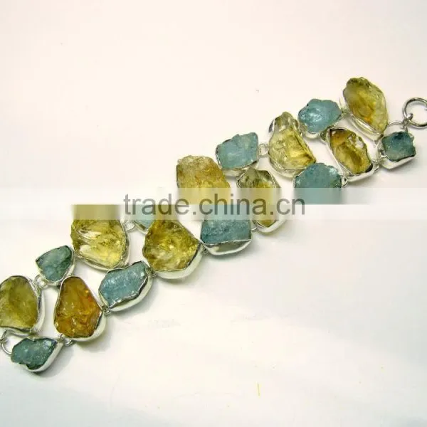 Rough Aquamarine & Citrine Natural Gemstones 925 Sterling Silver Raw Bracelet photo-2